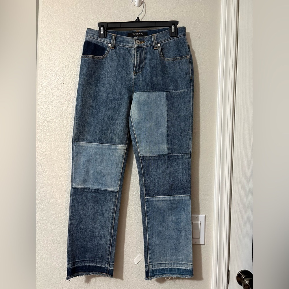 Thakoon Women Blue Patchwork Straight Leg Raw Hem Denim Jeans Size 4
